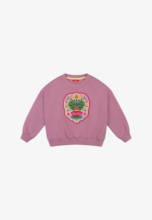 Lichtroze sweatshirt met geribbelde manchetten en zoom. Voorzien van een kleurrijk geborduurd bloemenpatroon en de tekst "Oiley" in het midden.