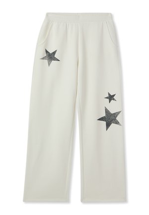 Pantaloni della tuta bianchi con vita elastica, caratterizzati da tre motivi a stella nera glitterate sui lati e tasche laterali.