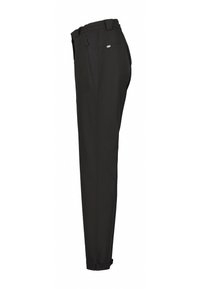 Slim-fit svarta byxor med elastisk midja, sidoficka med dragkedja och justerbara ankelremmar, visade från sidan.