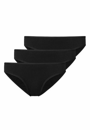 Ensemble de bikini en coton noir, trois pièces, mettant en avant une texture lisse et extensible avec un design taille basse et des ceintures élastiques douces.