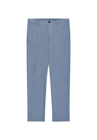 Men's light blue straight-leg trousers with front pockets, belt loops, and a single black button closure.