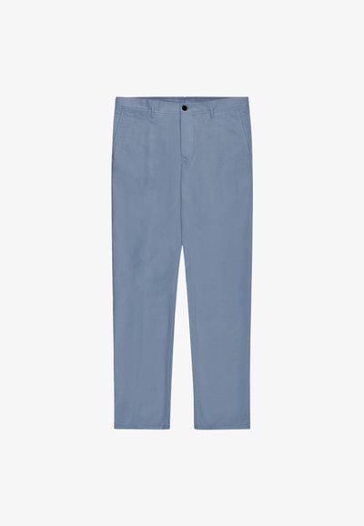 Men's light blue straight-leg trousers with front pockets, belt loops, and a single black button closure.