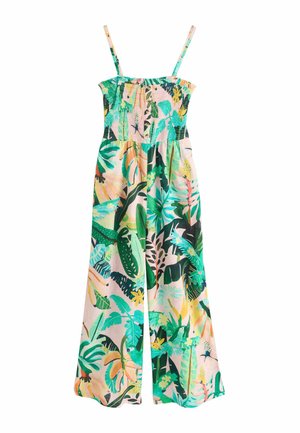 Ärmelloser Overall mit tropischem Print, gerafftem Oberteil, Knöpfen vorne und weitem Bein in Grün-, Gelb- und Pfirsichtönen.