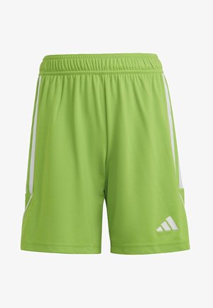 Green athletic shorts made of lightweight fabric, featuring white side stripes and a small logo in the bottom right corner. Elastic waistband.