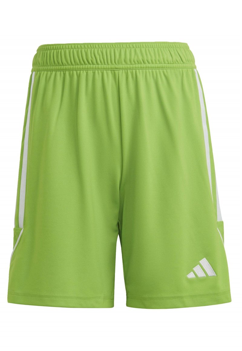 Grüne Sportshorts aus leichtem Material mit weißen Seitenstreifen und einem kleinen Logo in der unteren rechten Ecke. Mit elastischem Bund.