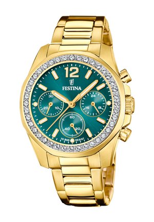 Montre Festina en métal doré avec cadran vert, trois sous-cadrans, lunette en cristal, et index et aiguilles dorés.