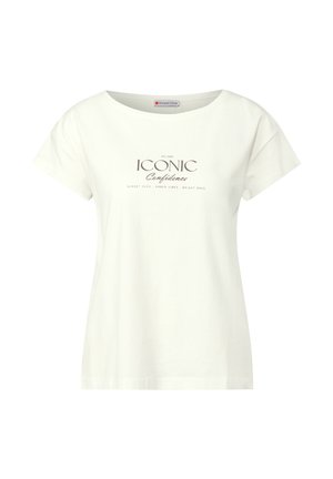 Vit bomull T-shirt med avslappnad passform, bred hals och korta ärmar. Har tryckt text: "IKONISK Självförtroende" i mörkbrunt.