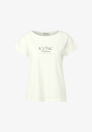 Witte katoenen t-shirt met een ontspannen pasvorm, wijd decolleté en korte mouwen. Bevat een bedrukt tekst: "ICONIC Confidence" in donkerbruin.