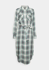 Dlouhá kostkovaná šatová košile v odstínech modrozelené a námořnické, s knoflíkovou přední částí, límcem, náprsními kapsami a odnímatelným páskem. Složení z nylonové směsi.