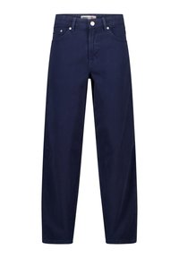 Navy blue denim jeans with a straight leg design, featuring a button closure, five pockets, and subtle stitching details.