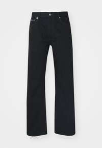 Jeans rectos negros con cinco bolsillos, cierre de botón y agujeros para cinturón. Confeccionados en una resistente tela de algodón con detalles de costura sutiles.