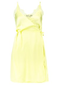 Satin wrap-dress in lemon yellow with lace trim on the neckline, adjustable spaghetti straps, and a side tie closure.