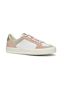 White sneaker with pink suede accents, metallic gold heel, and white laces. Features a smooth surface and a round toe shape.