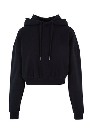 Čierna skrátená mikina s kapucňou z mäkkej tkaniny, s šnúrkou na kapucni, širokými rukávmi a rebrovaným lemom. Jednoduchý dizajn bez vzorov.