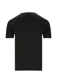 Mustassa lyhythihaisessa t-paidassa on pyöreä kaula-aukko ja sileä, joustava materiaali. Takana on yksinkertainen muotoilu, jossa ei ole printtejä tai logoja.