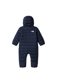 Marineblå boble-vinterdress med hette, preget med et quiltet mønster og en liten logo på øvre del av ryggen. Lange ermer og ben som går helt ned.