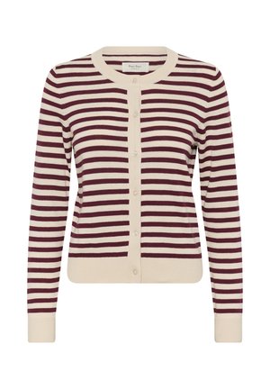 Striped cardigan featuring dark burgundy and cream colors, long sleeves, round neckline, button front, and ribbed hem and cuffs.