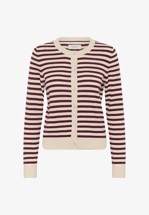 Cardigan rayé avec des couleurs bourgogne foncé et crème, manches longues, col rond, devant boutonné, et ourlet et poignets côtelés.