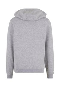Sudadera gris con capucha, mangas largas, puños ribeteados y dobladillo inferior. Confeccionada en suave tela de mezcla de algodón con una textura lisa.