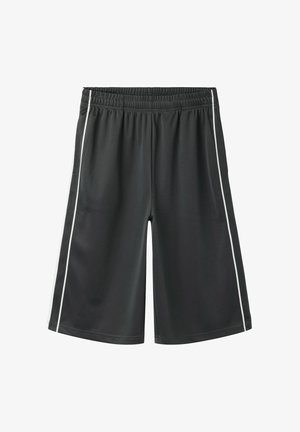 Sorte sports shorts med elastisk talje og hvide sidelommer, knælange, lavet af glat stof.
