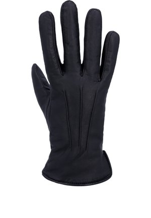 Schwarzer Lederhandschuh flach liegend mit ausgestreckten Fingern, mit gesteppten Details auf der Rückseite und einem geschwungenen Saum am Handgelenk.