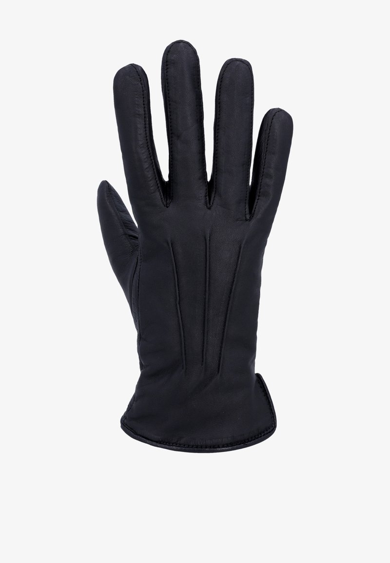 Black leather glove shown flat with fingers extended, featuring stitched detailing on the back and a curved cuff edge.