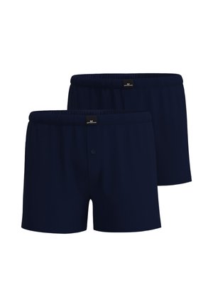 Two pairs of plain dark blue men's boxer shorts with elastic waistbands and front button closures.