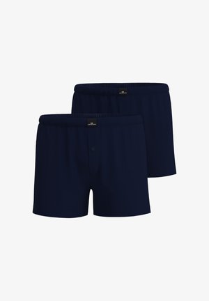 Zwei Paar schlichte dunkelblaue Herrenboxershorts mit elastischen Bündchen und Knopfleisten vorne.