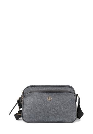 Borsa a tracolla grigia in pelle sintetica con superficie testurizzata, due scomparti con zip e hardware in tonnellate dorate. Include una tracolla regolabile.