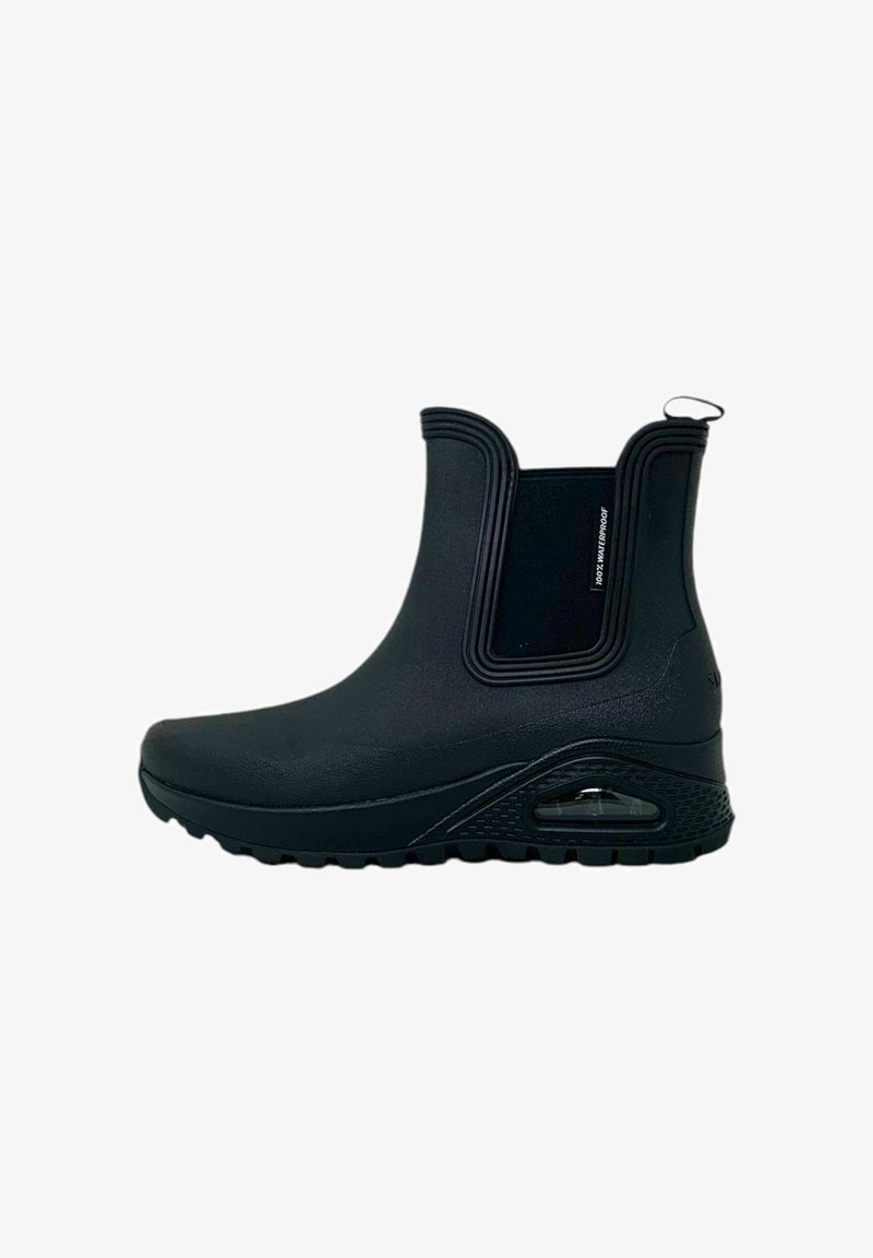 Botas de tobillo impermeables negras con un exterior de goma suave, punta redondeada, paneles laterales elásticos y suela con amortiguación de aire.