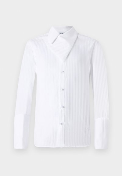 White button-up shirt featuring vertical stripes, a pointed collar, long sleeves, and cuffs. Made from lightweight fabric, with slight sheen.