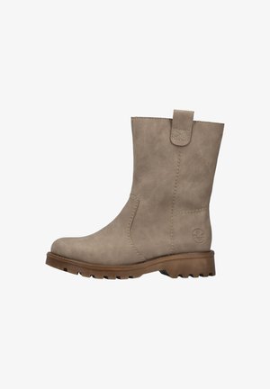 Beige Leder-Stiefeletten mit runder Zehenpartie, seitlichen Nähten, Anhänger und strapazierfähiger Gummisohle mit strukturiertem Profil.