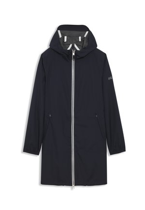Marineblaue wasserdichte Jacke mit Kapuze, silbernem Frontreißverschluss, zwei seitlichen Taschen und reflektierenden Akzenten im Inneren und an den Ärmeln.