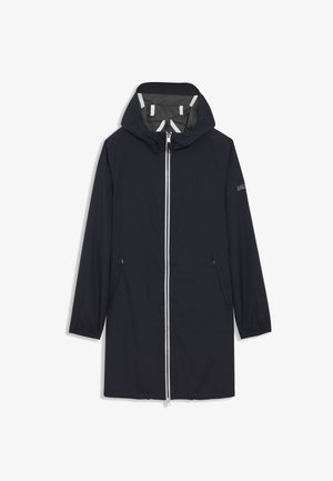 Marineblaue wasserdichte Jacke mit Kapuze, silbernem Frontreißverschluss, zwei seitlichen Taschen und reflektierenden Akzenten im Inneren und an den Ärmeln.