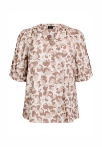 Blusa beige con maniche corte a sbuffo, caratterizzata da un scollo a V e stampa leopardata in tonalità di marrone. Tessuto leggero e testurizzato.