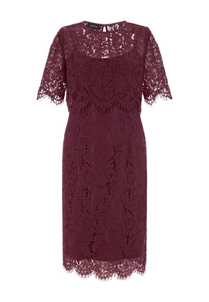 Abito bordeaux in pizzo lunghezza al ginocchio con maniche corte, orlo smerlato e sovrapposizione in pizzo floreale che copre una fodera solida.