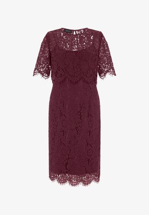 Abito bordeaux in pizzo lunghezza al ginocchio con maniche corte, orlo smerlato e sovrapposizione in pizzo floreale che copre una fodera solida.