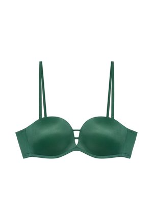 Green padded bra with underwire, double thin adjustable shoulder straps, and cutout detail between the cups.