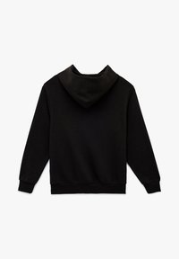 Schwarzer Kapuzenpullover mit klassischem Design, weicher Textur, gerippten Bündchen und Saum sowie einer Kängurutasche.