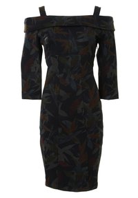 Robe sombre épaules nues avec fines bretelles, manches trois-quarts et un subtil motif de feuilles multicolores.