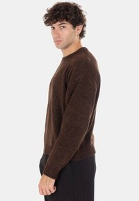 Maglione marrone lavorato a maglia con scollatura tonda, polsini e bordo a coste, e una finitura strutturata. Indossato con pantaloni neri, mostrato di profilo.