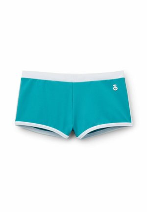 Turkis badeshorts med hvid talje- og benkant, med en lille hvid cirkulær logo på højre side.