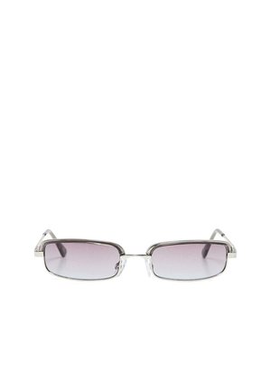 Rectangular silver metal-framed sunglasses with thin arms and gray gradient lenses on a white background.