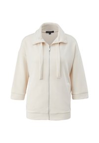 Crème zip-up jas gemaakt van gladde stof, met een hoge kraag, lange banden, korte mouwen en zijzakken.