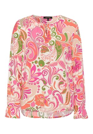 Blouse met lange mouwen met roze, oranje en groene bloemen- en spiralenpatronen, voorzien van een ronde hals met een kleine voorste split.