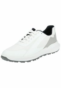 Zapatillas deportivas blancas con parte superior de material sintético y malla, suela de goma con detalles en gris y diseño con cordones.