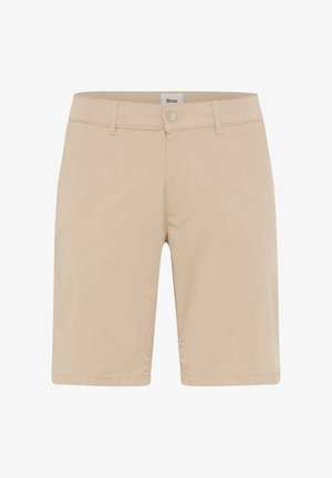 Beige knælange herreshorts med knaplukning, bæltestropper og lynlås foran, vist mod en hvid baggrund.