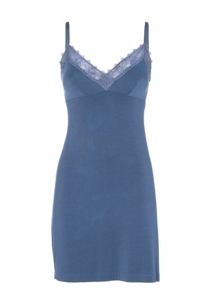 Abito slip senza maniche blu con bordo in pizzo sullo scollo a V e sottili spalline, aderente al busto e fluente fino a metà coscia.