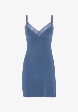 Abito slip senza maniche blu con bordo in pizzo sullo scollo a V e sottili spalline, aderente al busto e fluente fino a metà coscia.