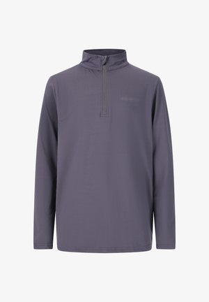 Grå, langærmet pullover med halv-zip design. Fremstillet af glat stof, har en høj krave og diskret logo-detalje nær brystet.